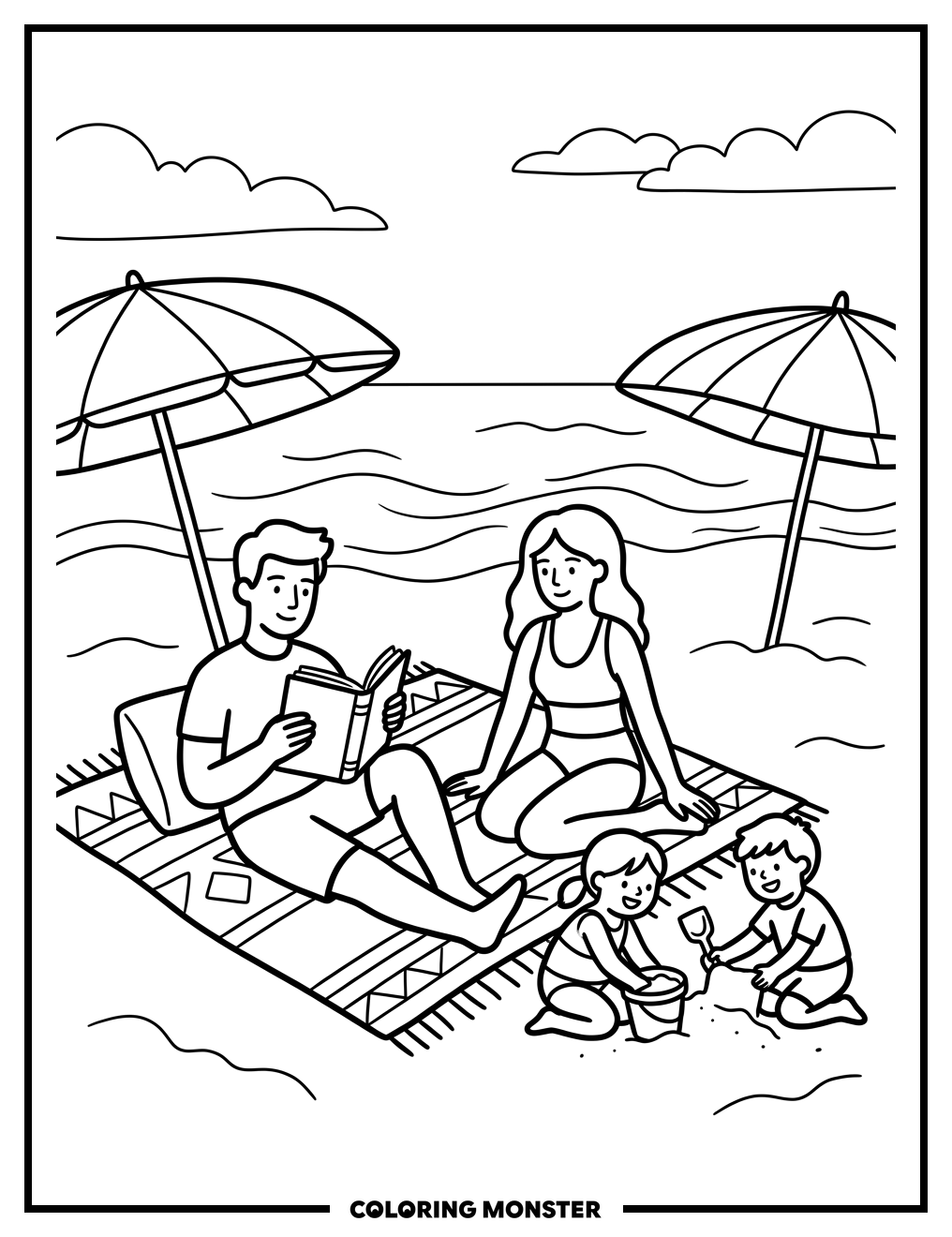 Family Beach Day Picnic Coloring Page