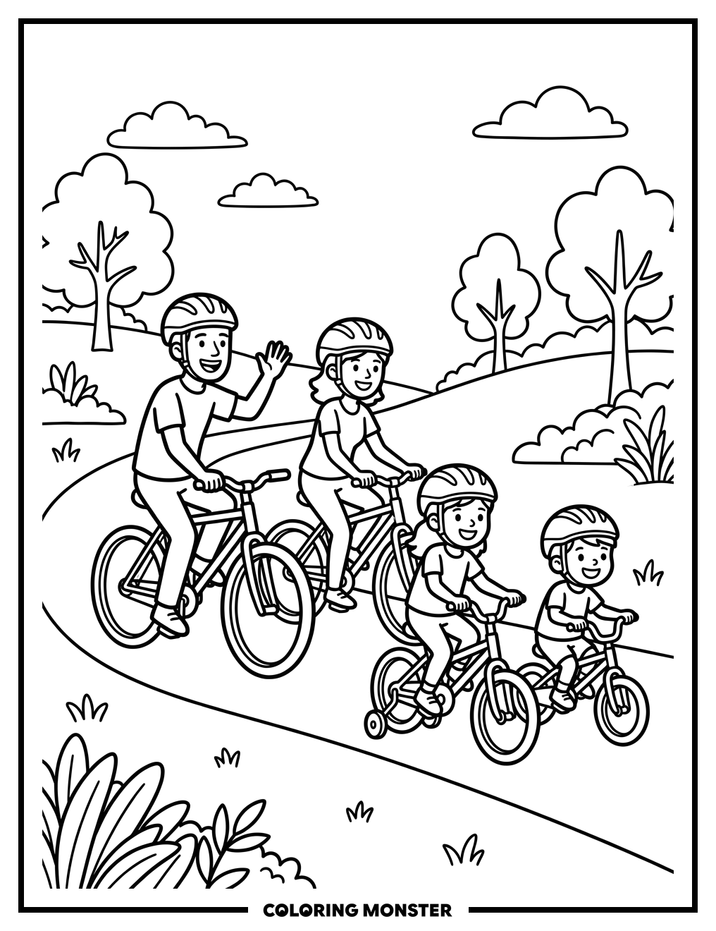 Family Bicycle Ride in the Park Coloring Page