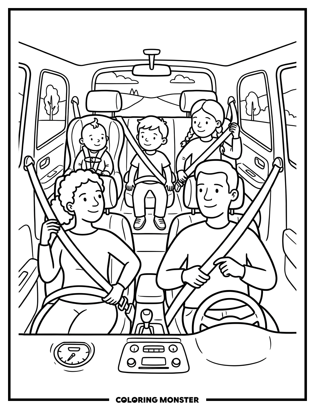 Family Buckling Up For A Car Trip Coloring Page