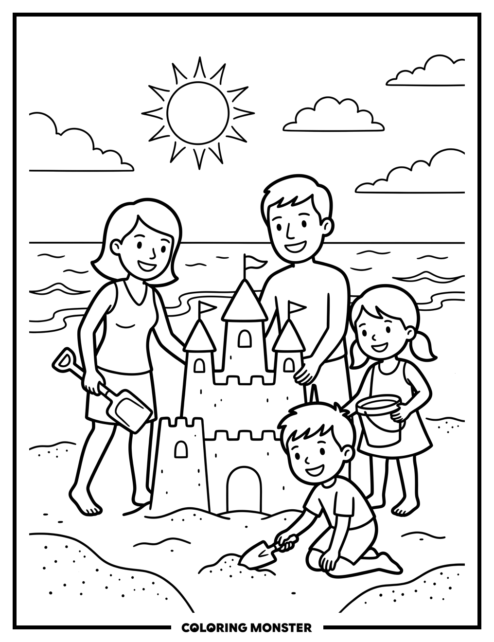 Family Building Sandcastle at the Beach Coloring Page