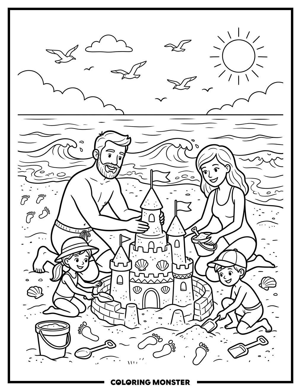 Family Building Sandcastle on Beach Coloring Page