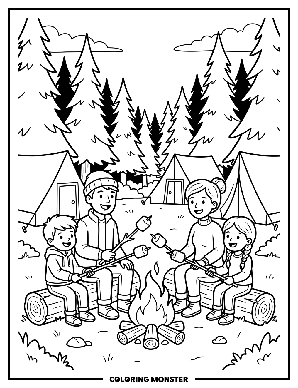 Family Campfire Marshmallow Roast Coloring Page
