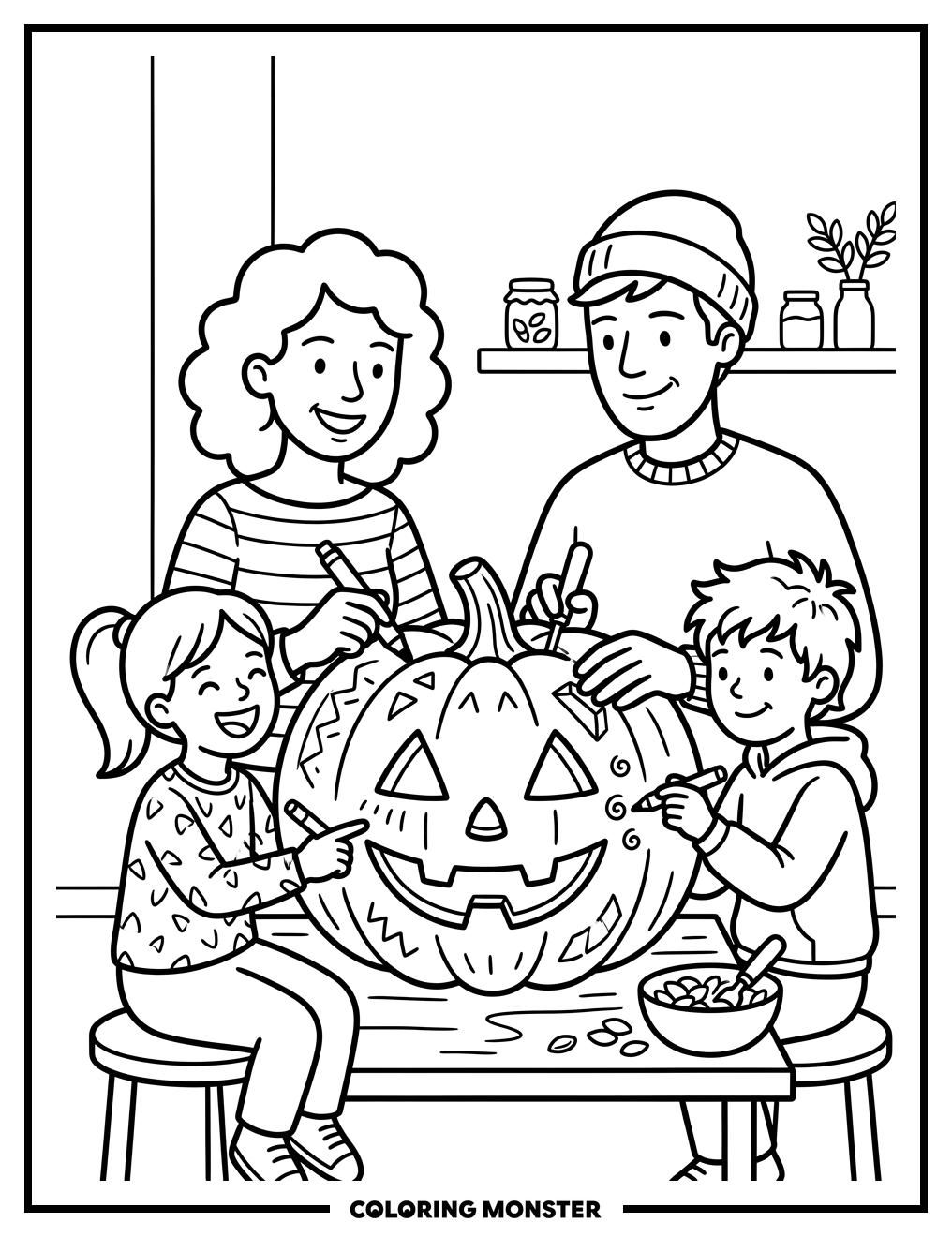 Family Carving a Pumpkin Coloring Page