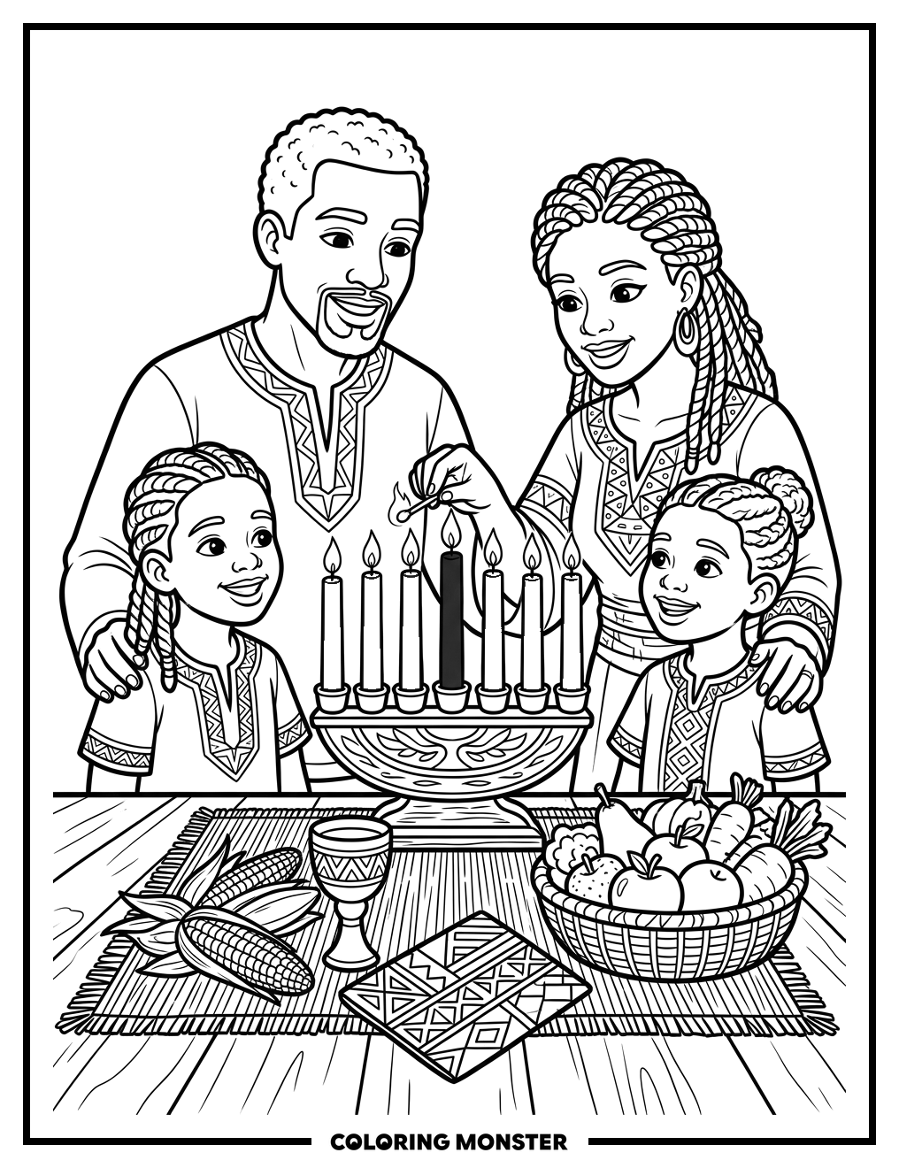 Family Celebrates Kwanzaa at Table Coloring Page