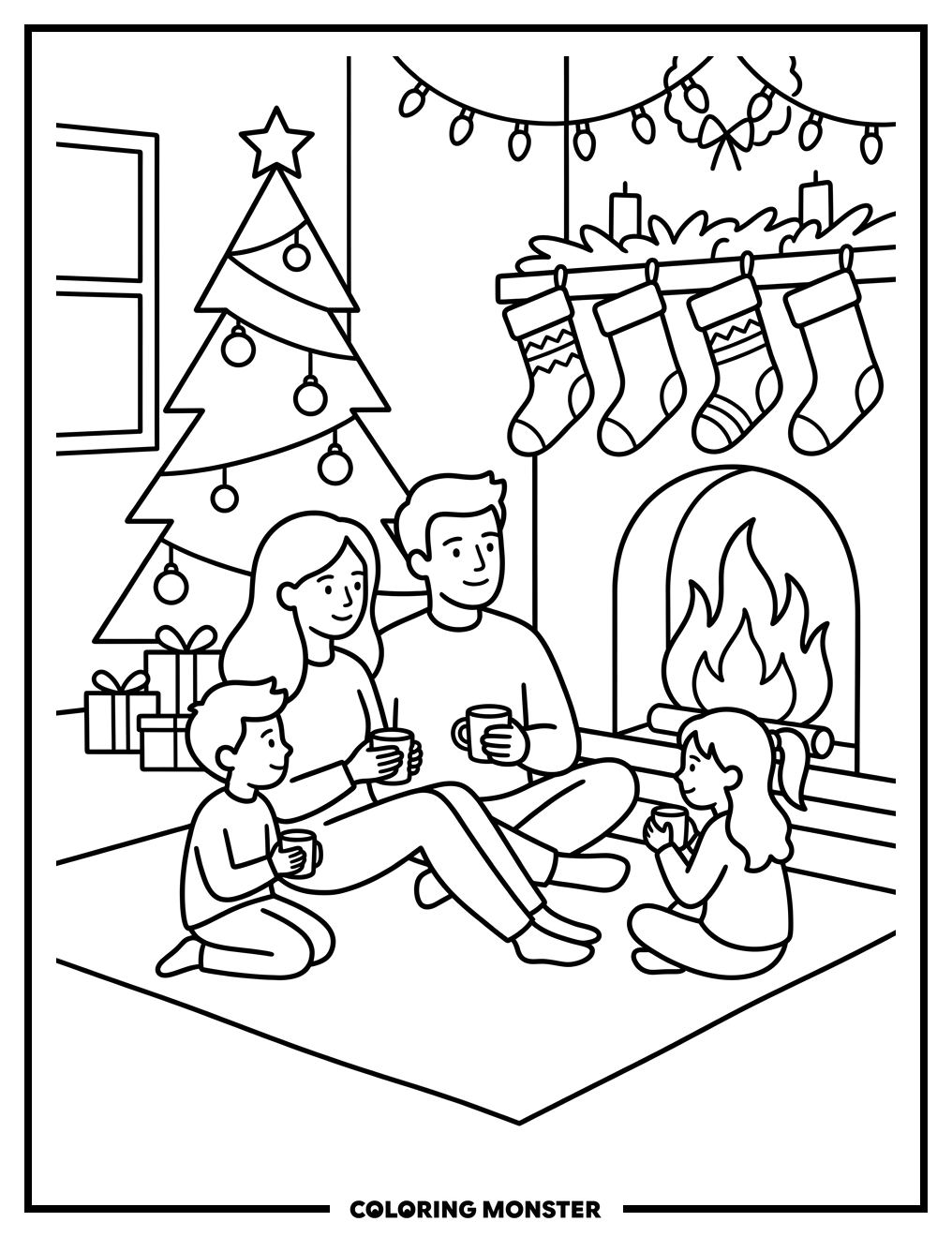 Family Christmas Eve by the Fireplace Coloring Page