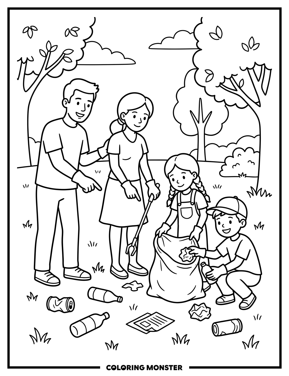 Family Cleans Up Park Coloring Page