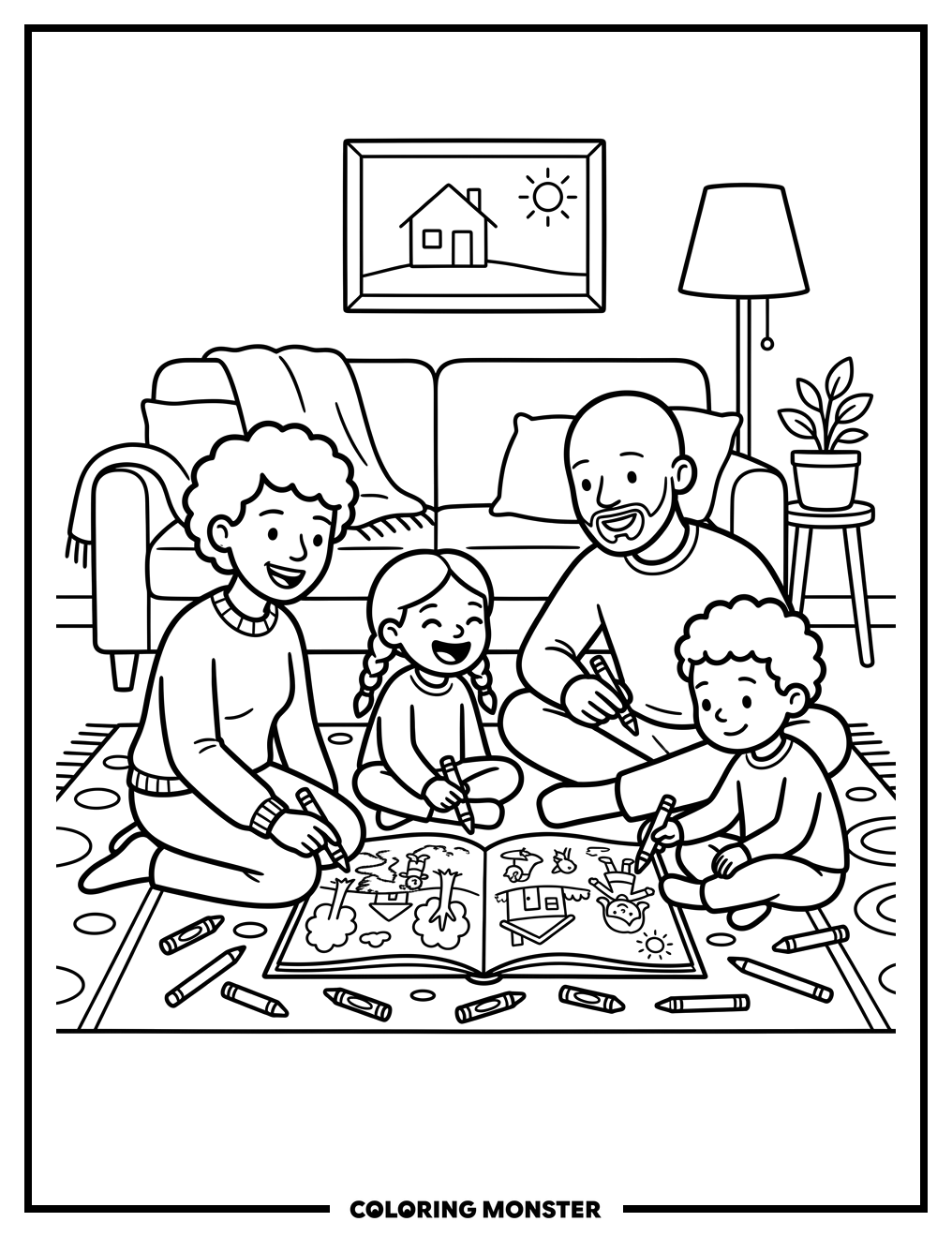 Family Coloring Together Coloring Page