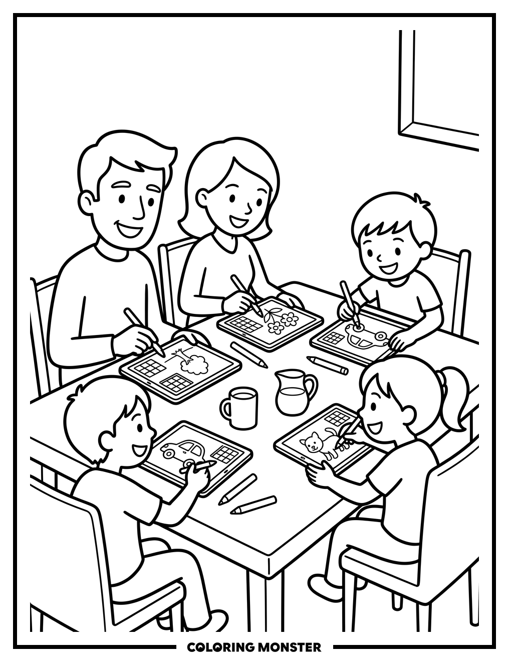 Family Coloring Together at a Table Coloring Page