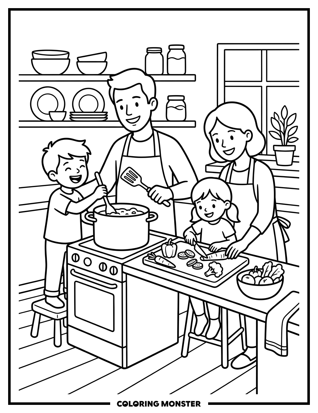 Family Cooking Together Coloring Page