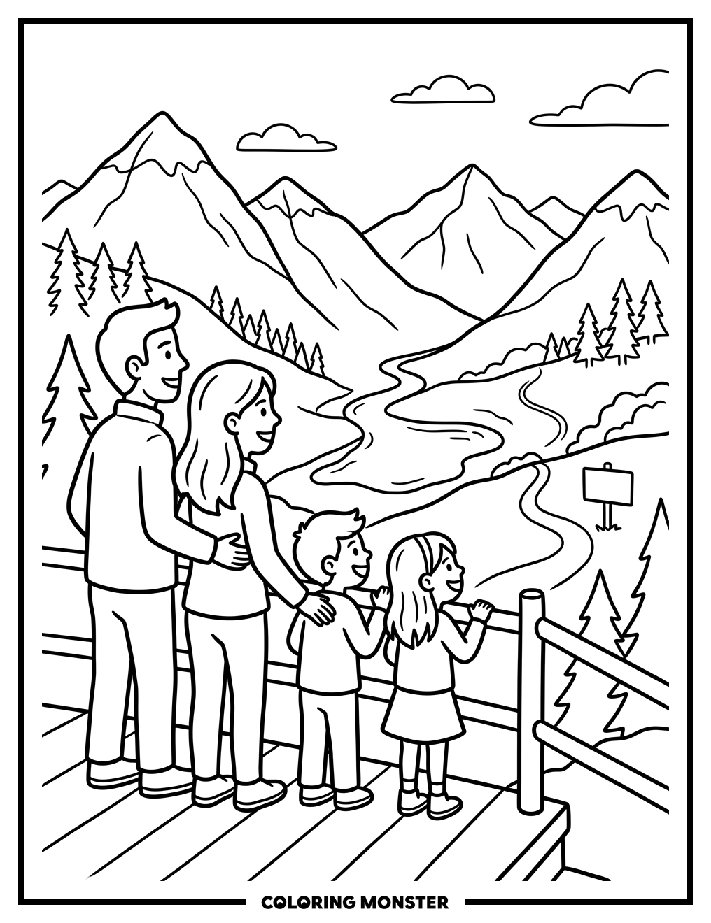 Family Enjoys Idaho Mountain Vista Coloring Page