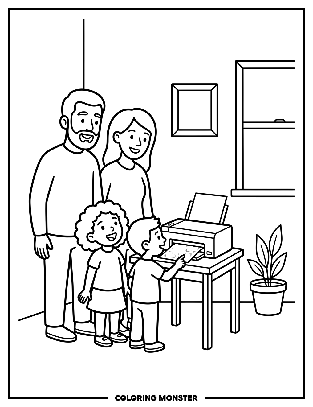 Family Excited For First Print Coloring Page