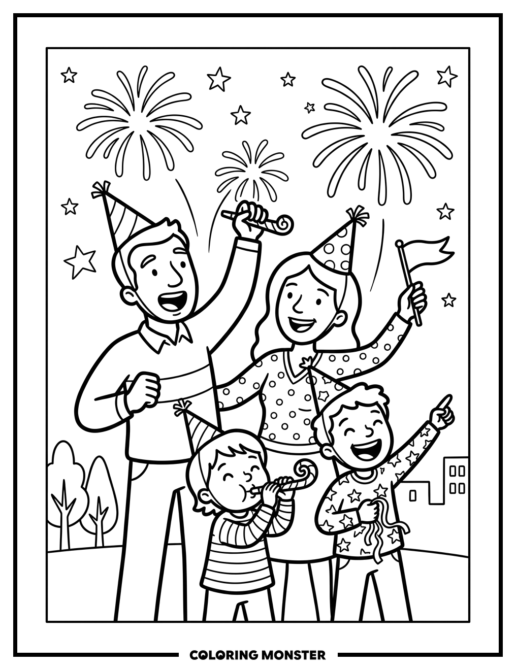 Family Fireworks Celebration Coloring Page