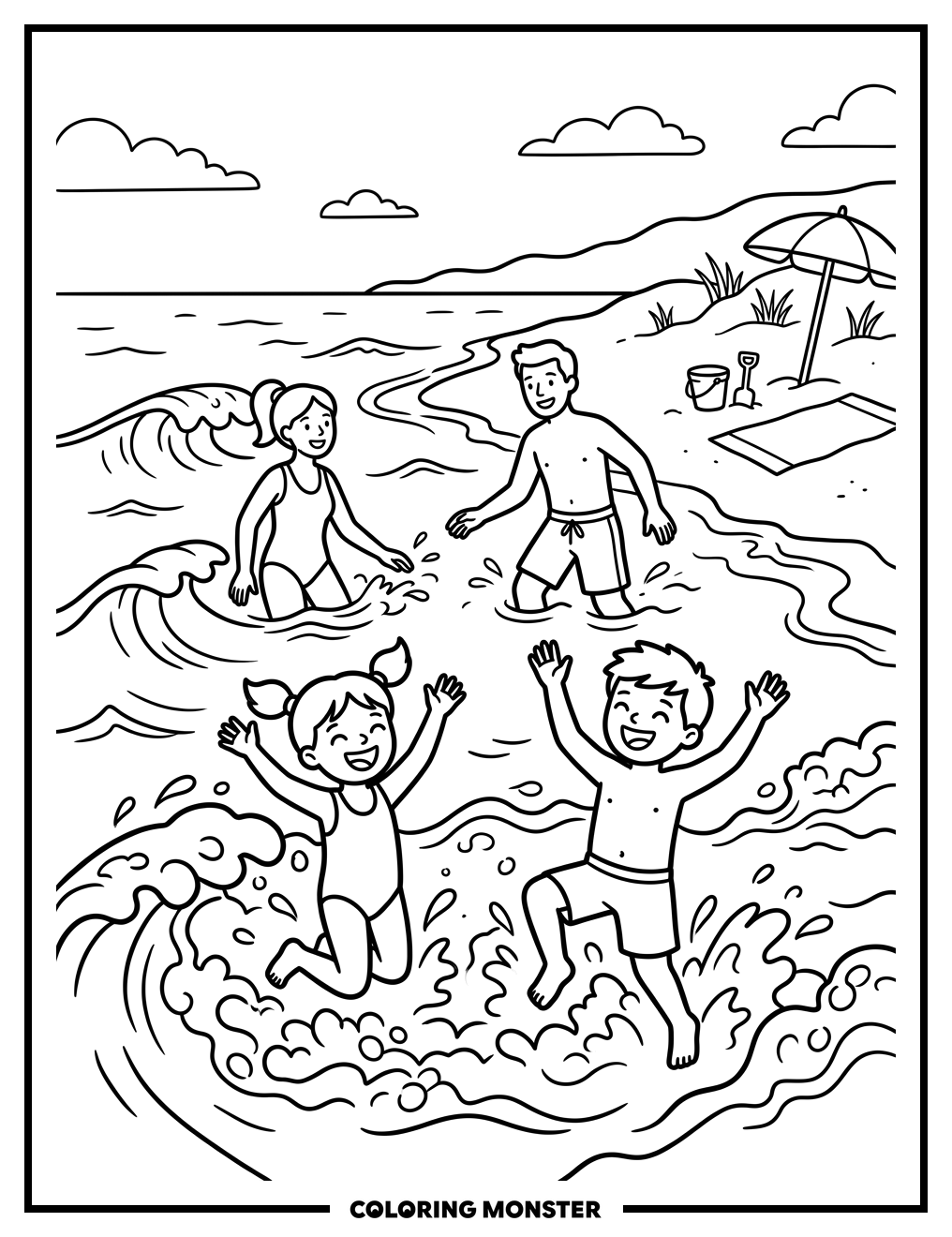 Family Fun at the Beach Coloring Page