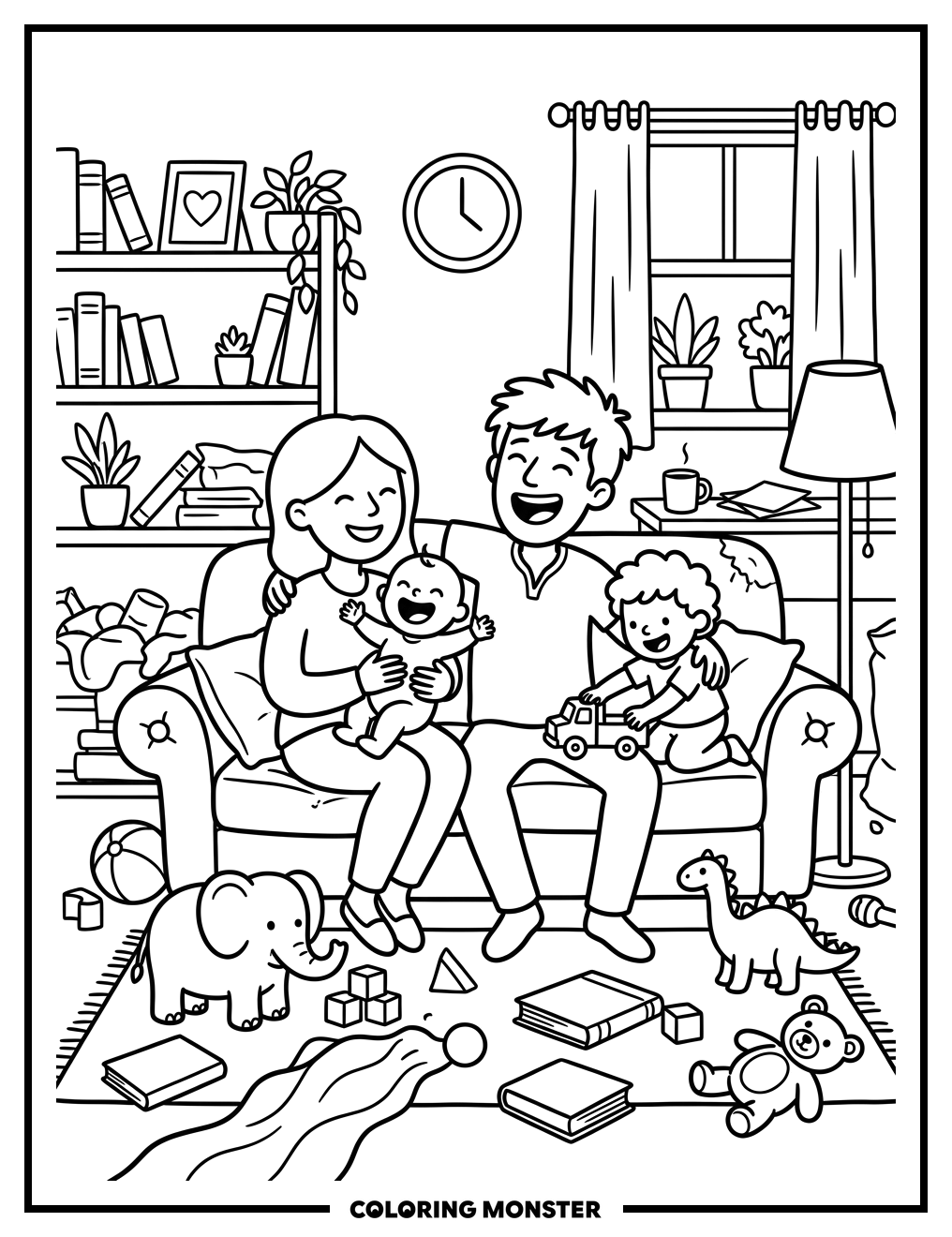 Family Fun in a Messy Living Room Coloring Page
