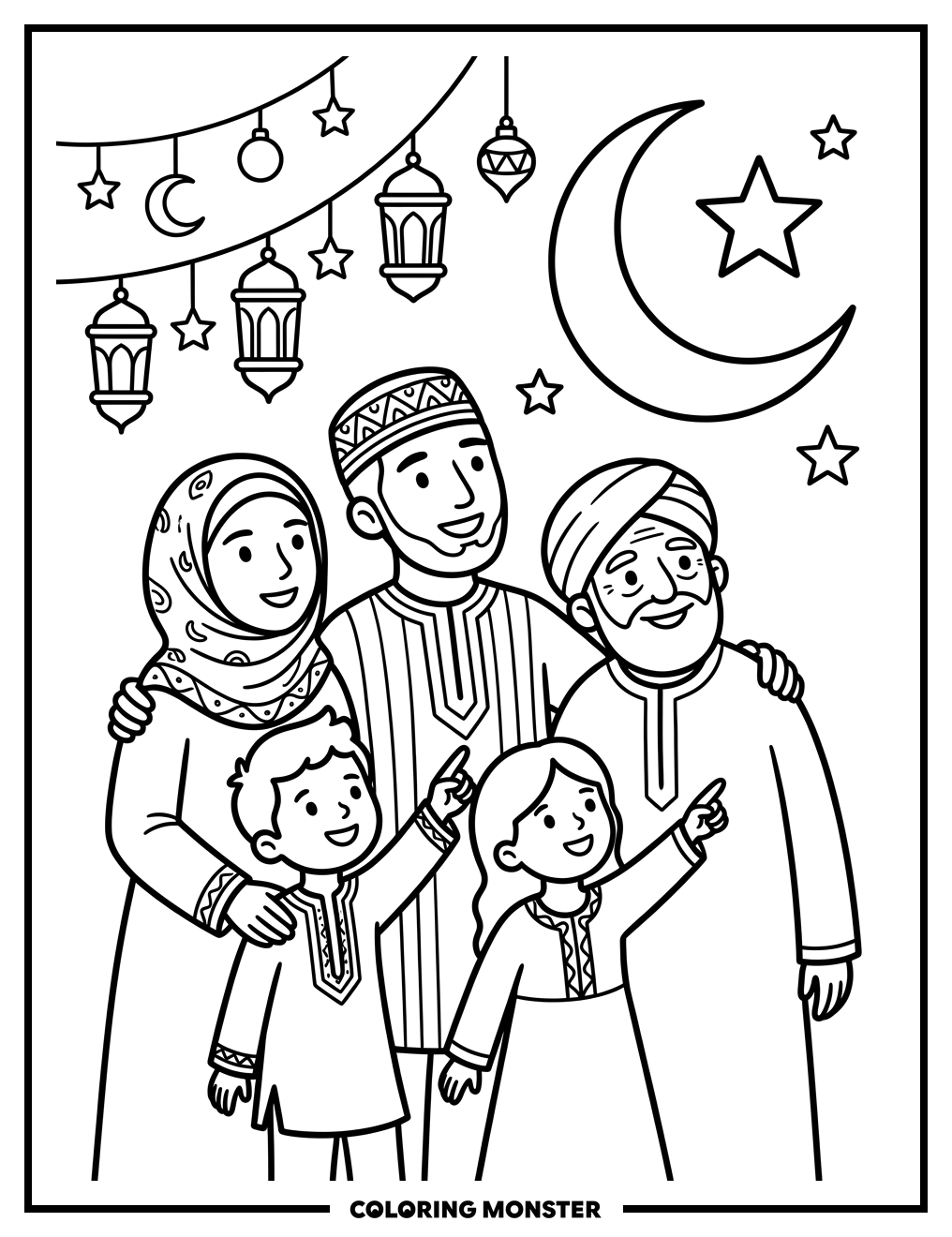 Family Gazing at Crescent Moon Coloring Page