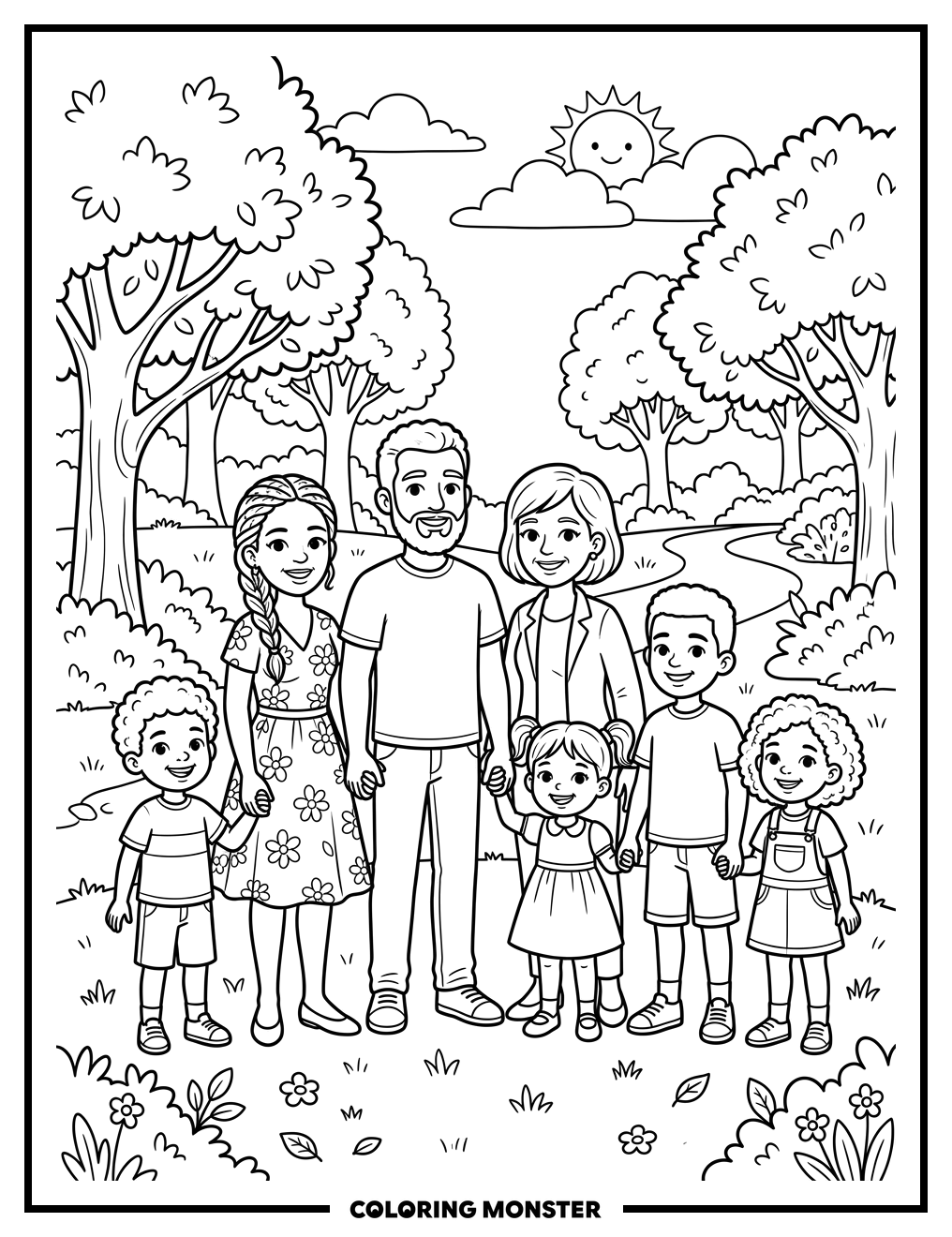 Family Holding Hands in Sunny Park Coloring Page