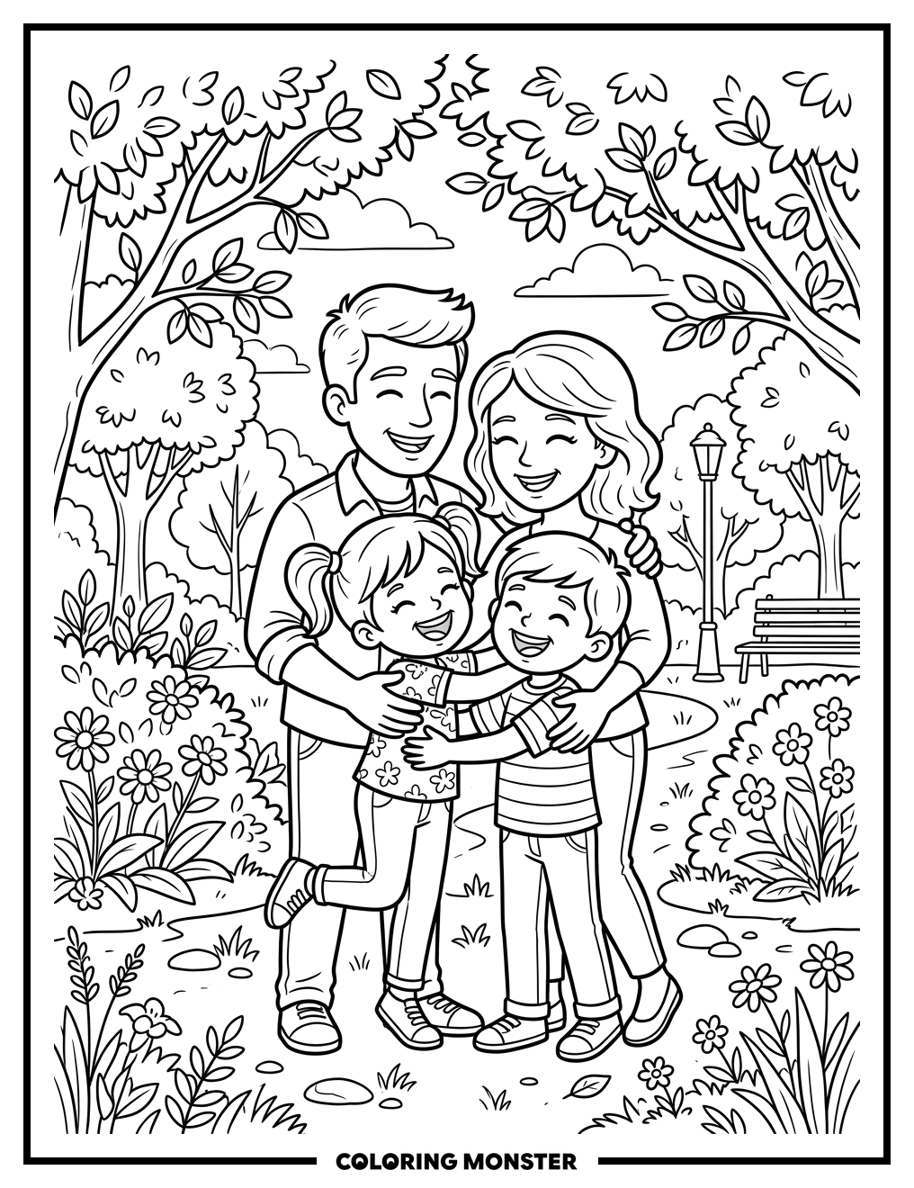 Family Hugging In Park Coloring Page
