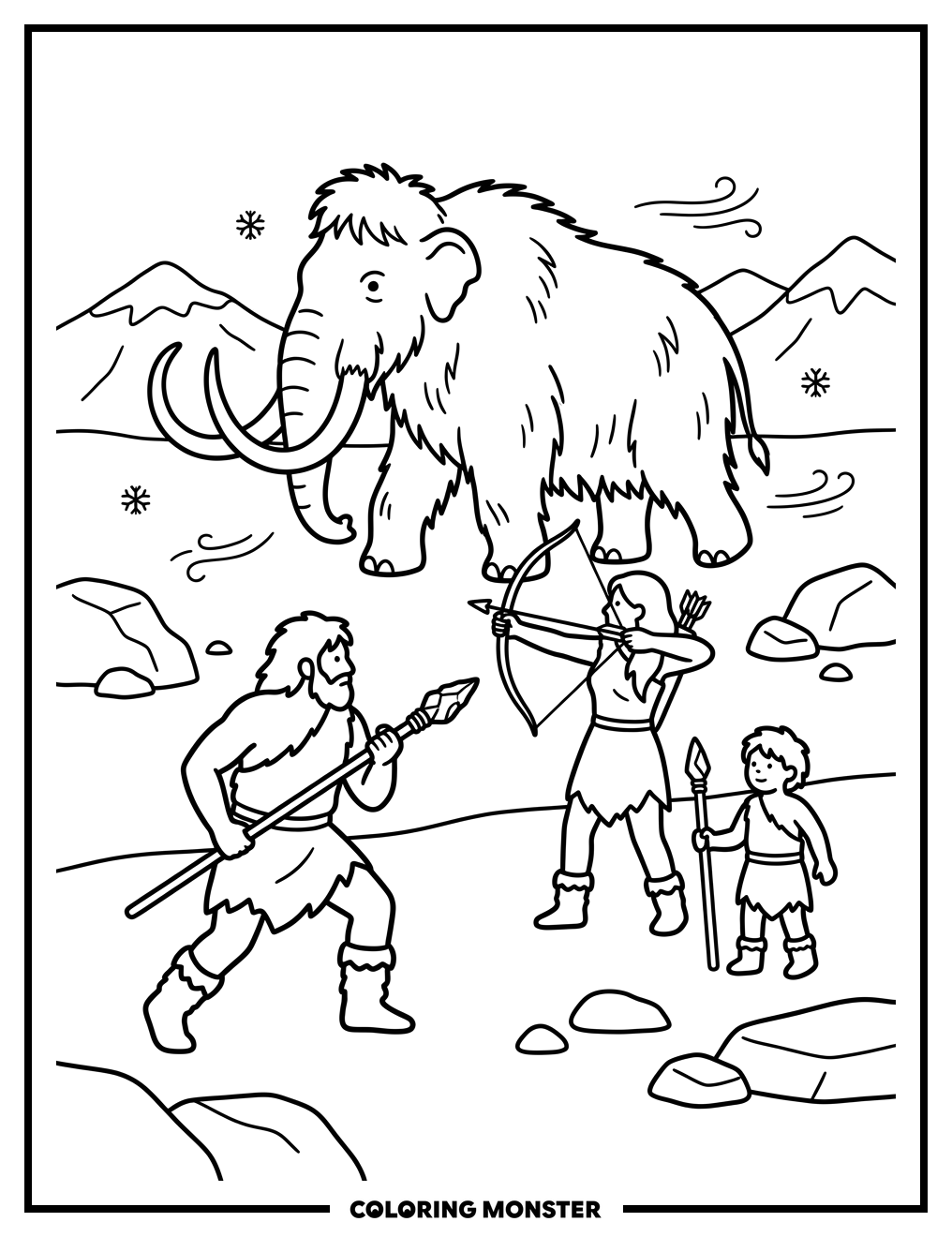 Family Hunts Mammoth in Snowy Tundra Coloring Page
