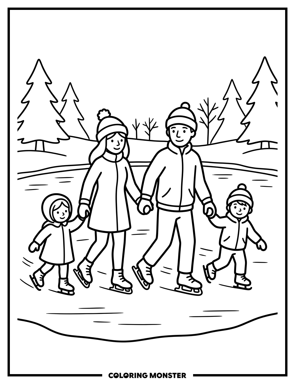 Family Ice Skating Fun Coloring Page
