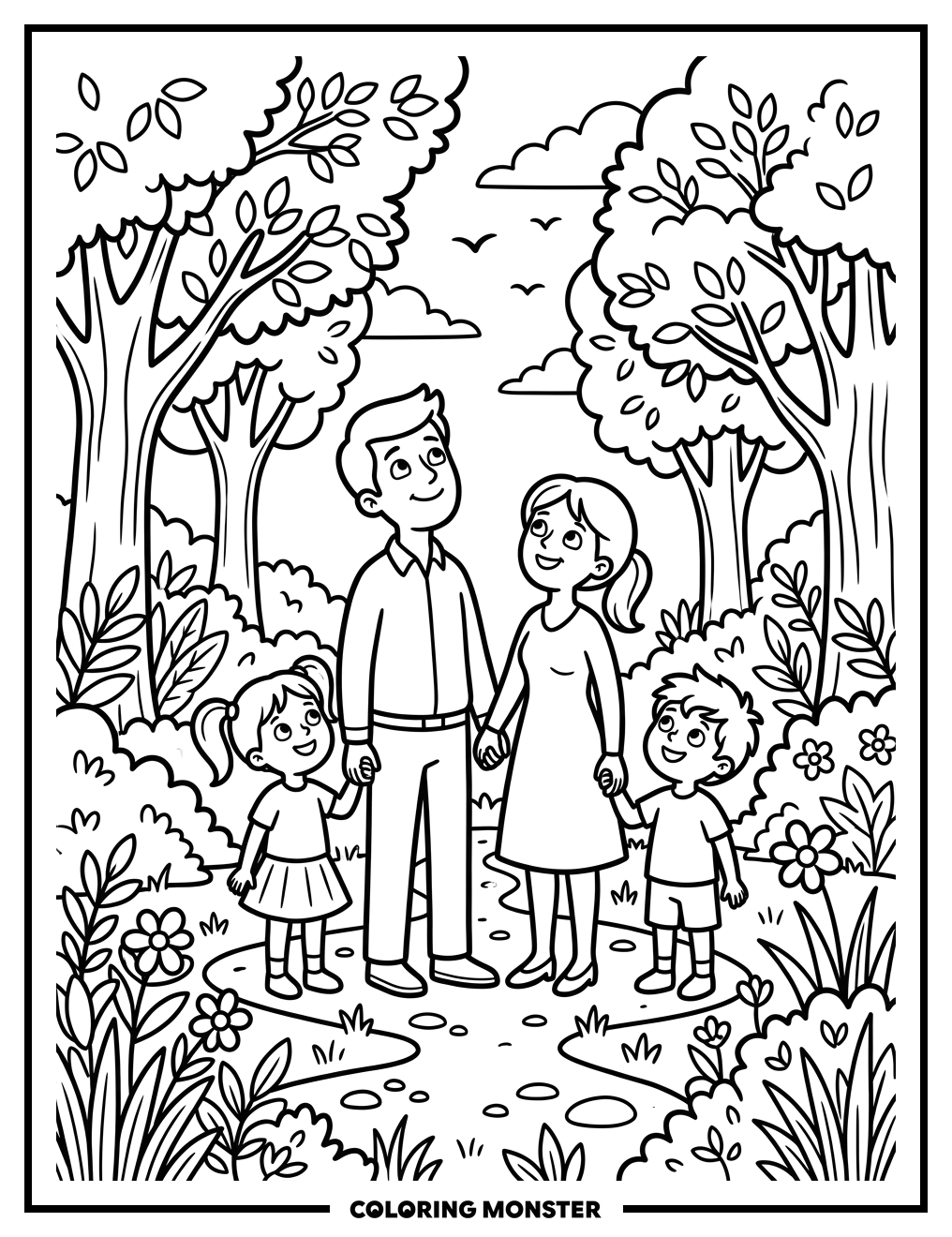 Family in Grateful Pose Coloring Page