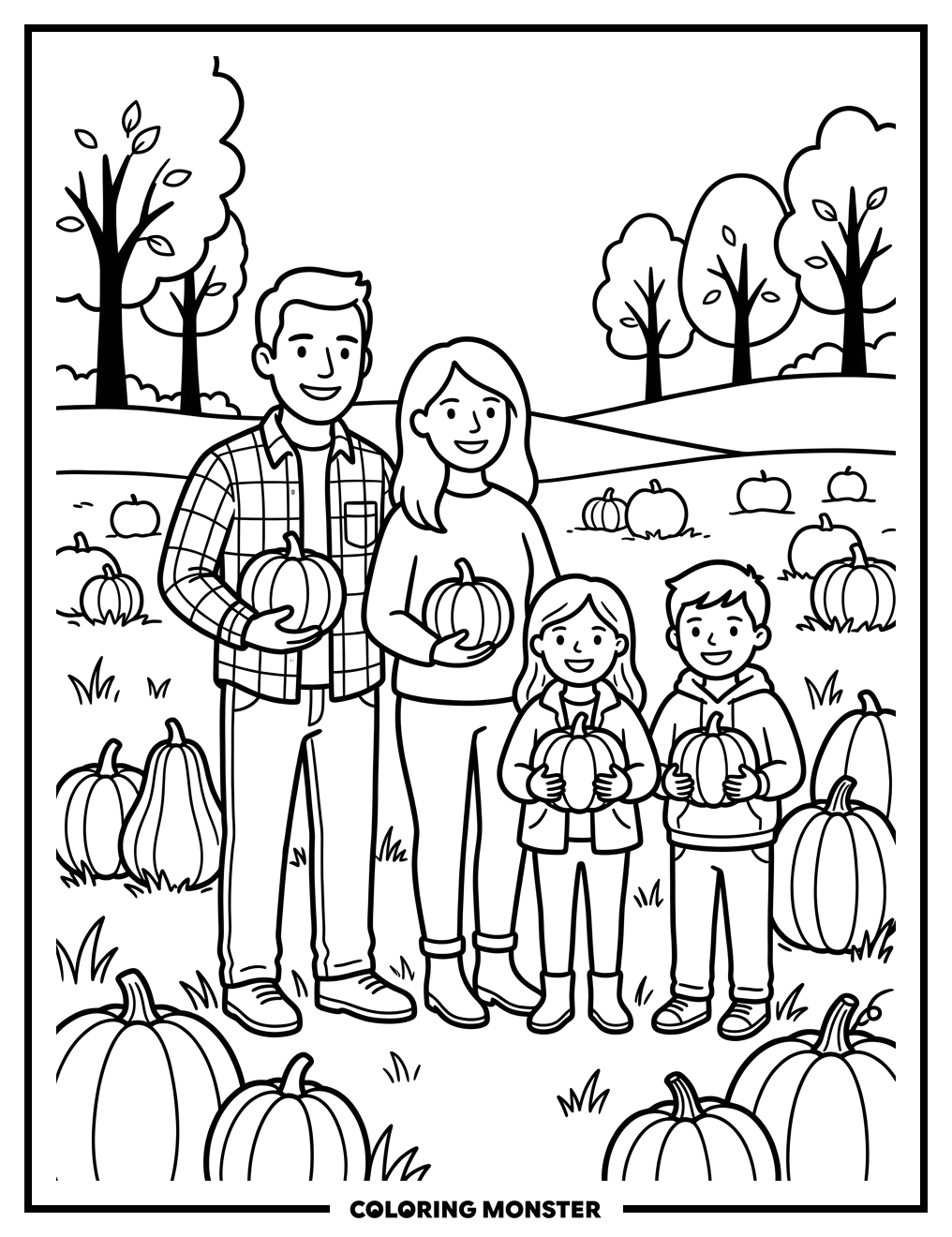 Family in Pumpkin Patch Coloring Page
