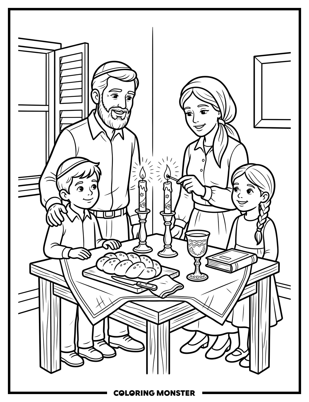 Family Lighting Shabbat Candles Coloring Page