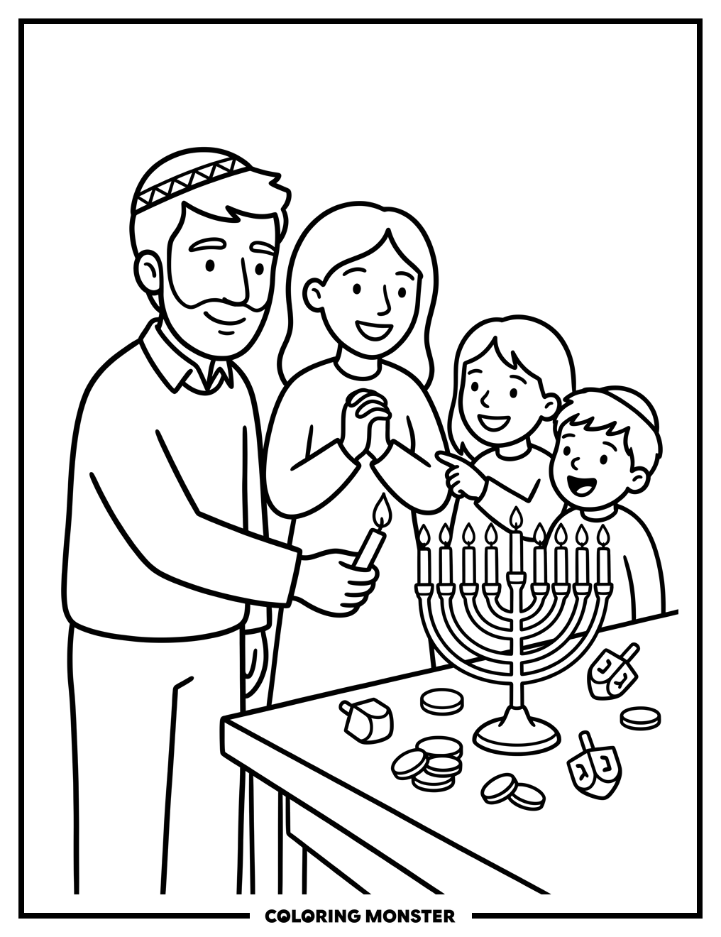 Family Lighting the Menorah Coloring Page