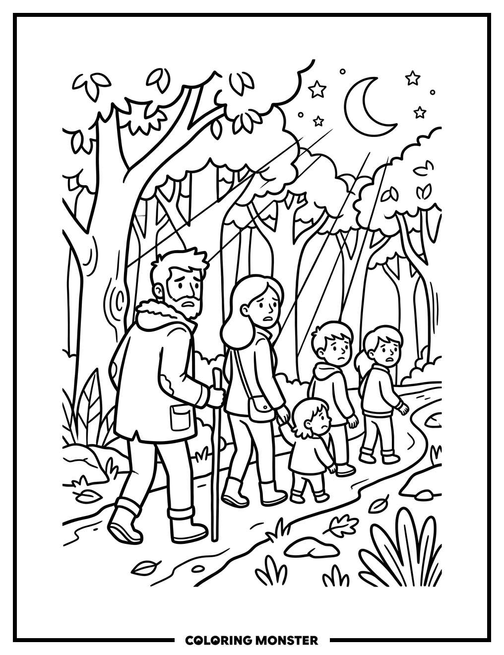 Family Lost In Dark Forest Coloring Page