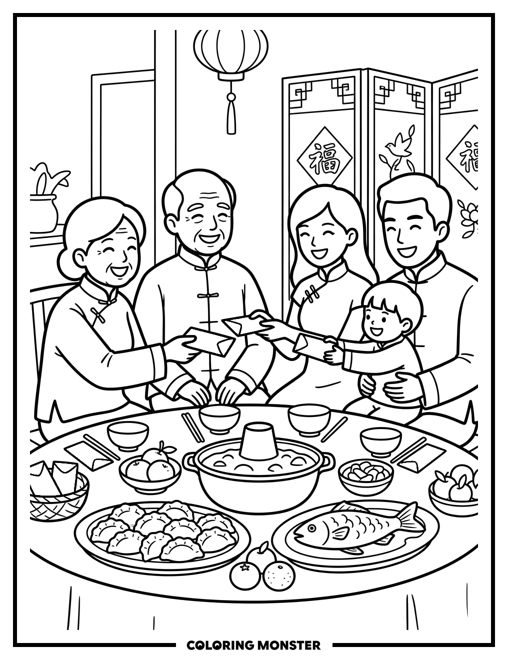 Family Lunar New Year Celebration Coloring Page