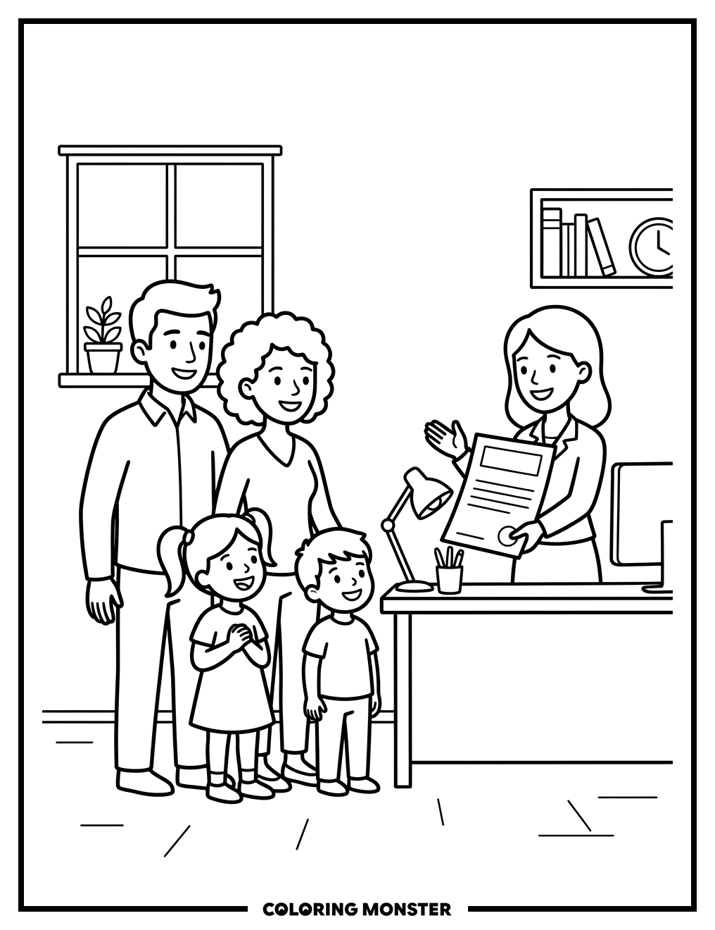Family Meets Friendly Insurance Agent Coloring Page