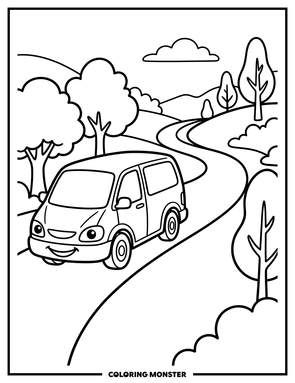 Family Minivan on Winding Park Road Coloring Page