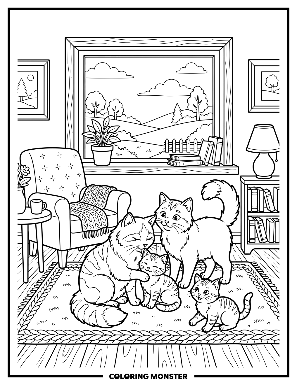 Family of Cats in Cozy Living Room Coloring Page