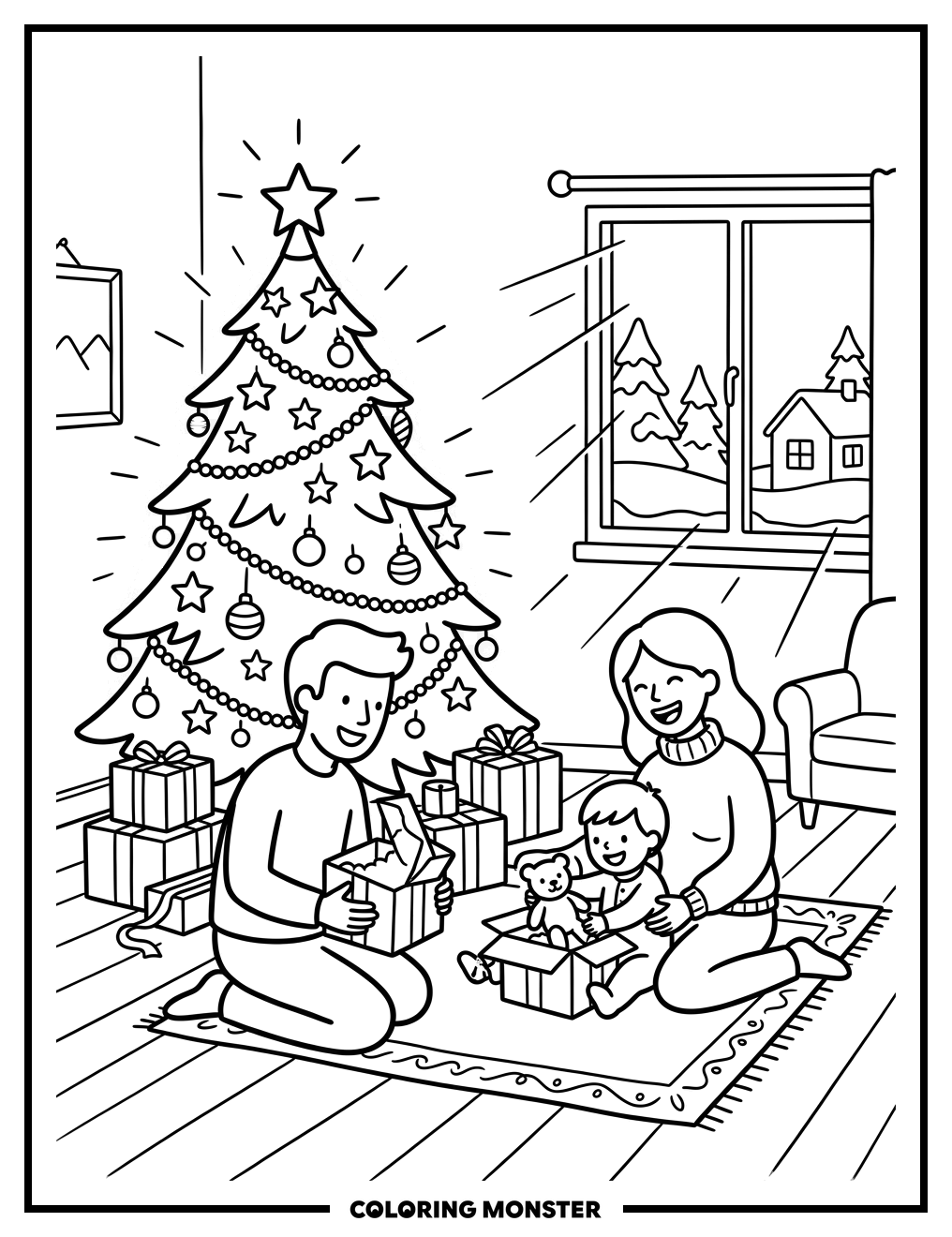 Family Opening Christmas Presents Coloring Page