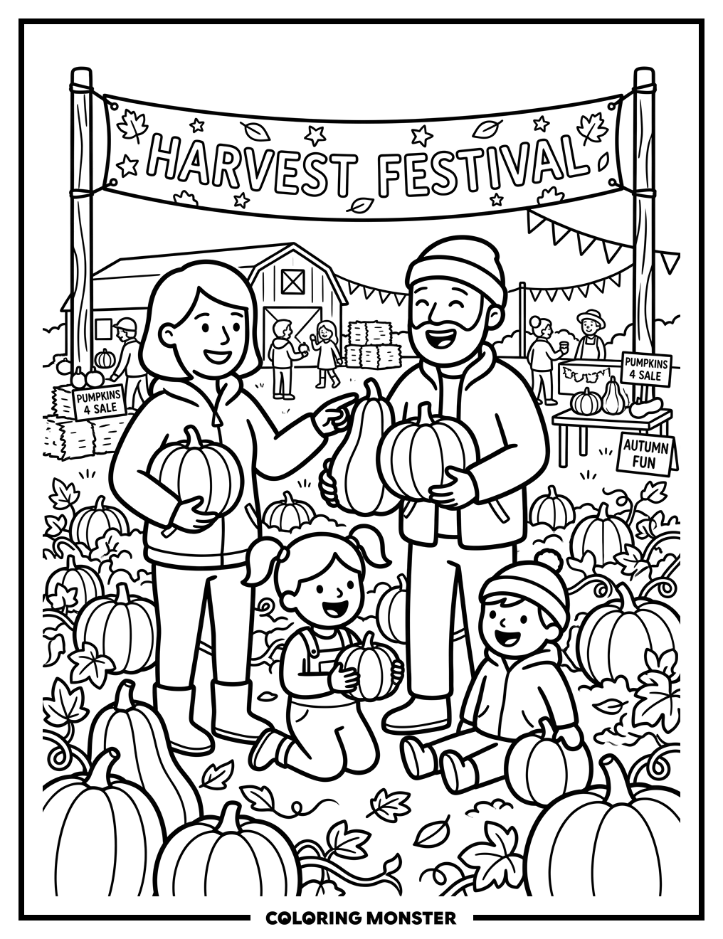 Family Picking Pumpkins at Harvest Festival Coloring Page