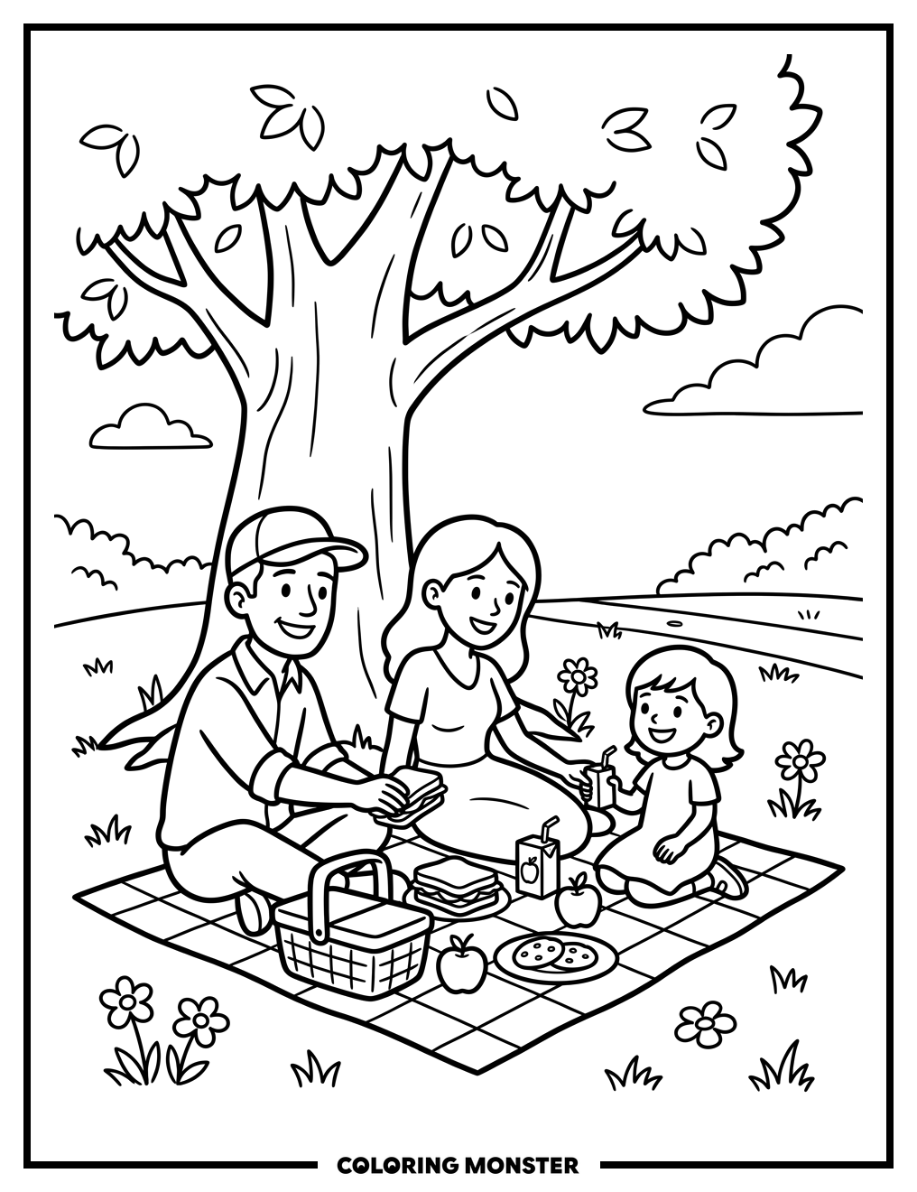 Family Picnic In Sunny Park Coloring Page
