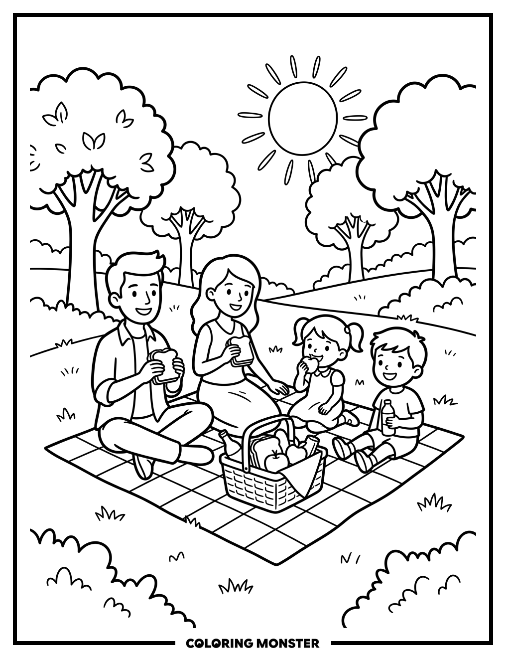 Family Picnic in the Park Coloring Page