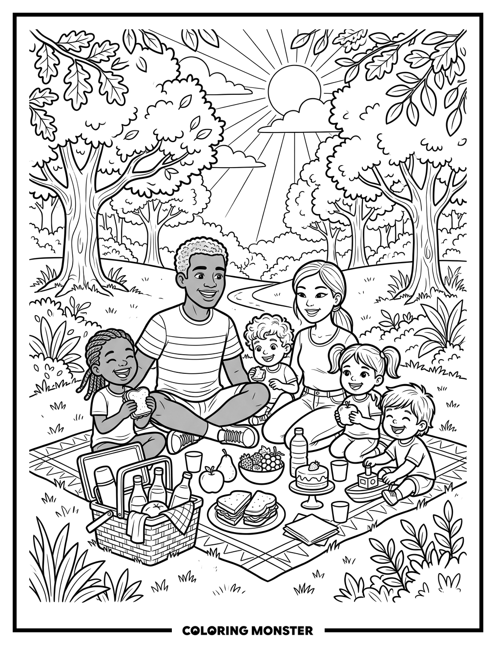 Family Picnic In The Park Coloring Page