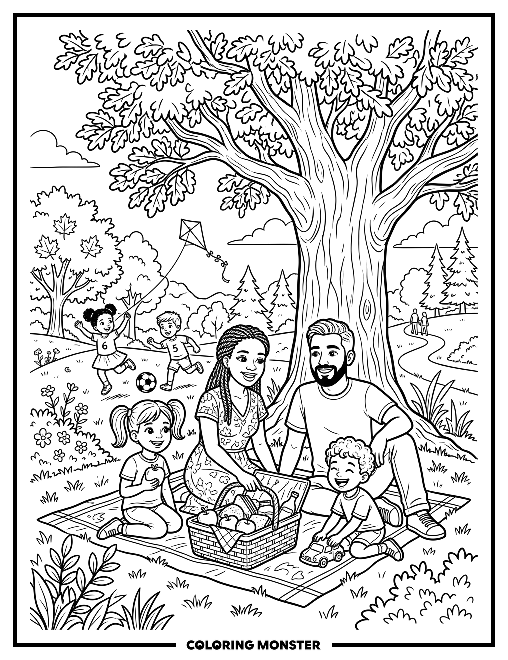Family Picnic Under A Shady Tree Coloring Page