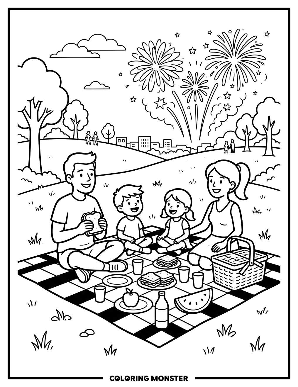 Family Picnic Under Fourth of July Fireworks Coloring Page