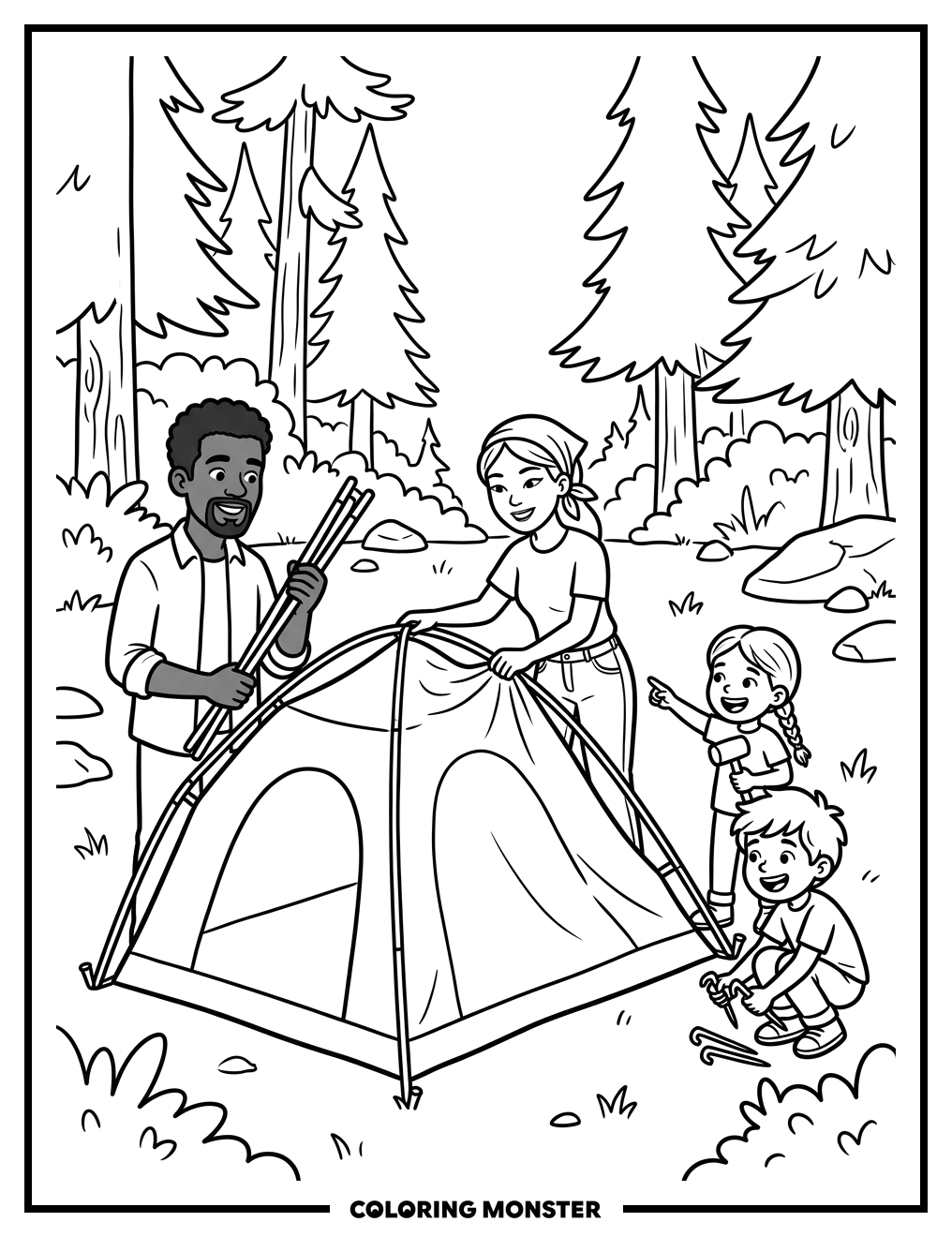 Family Pitching a Tent in the Forest Coloring Page