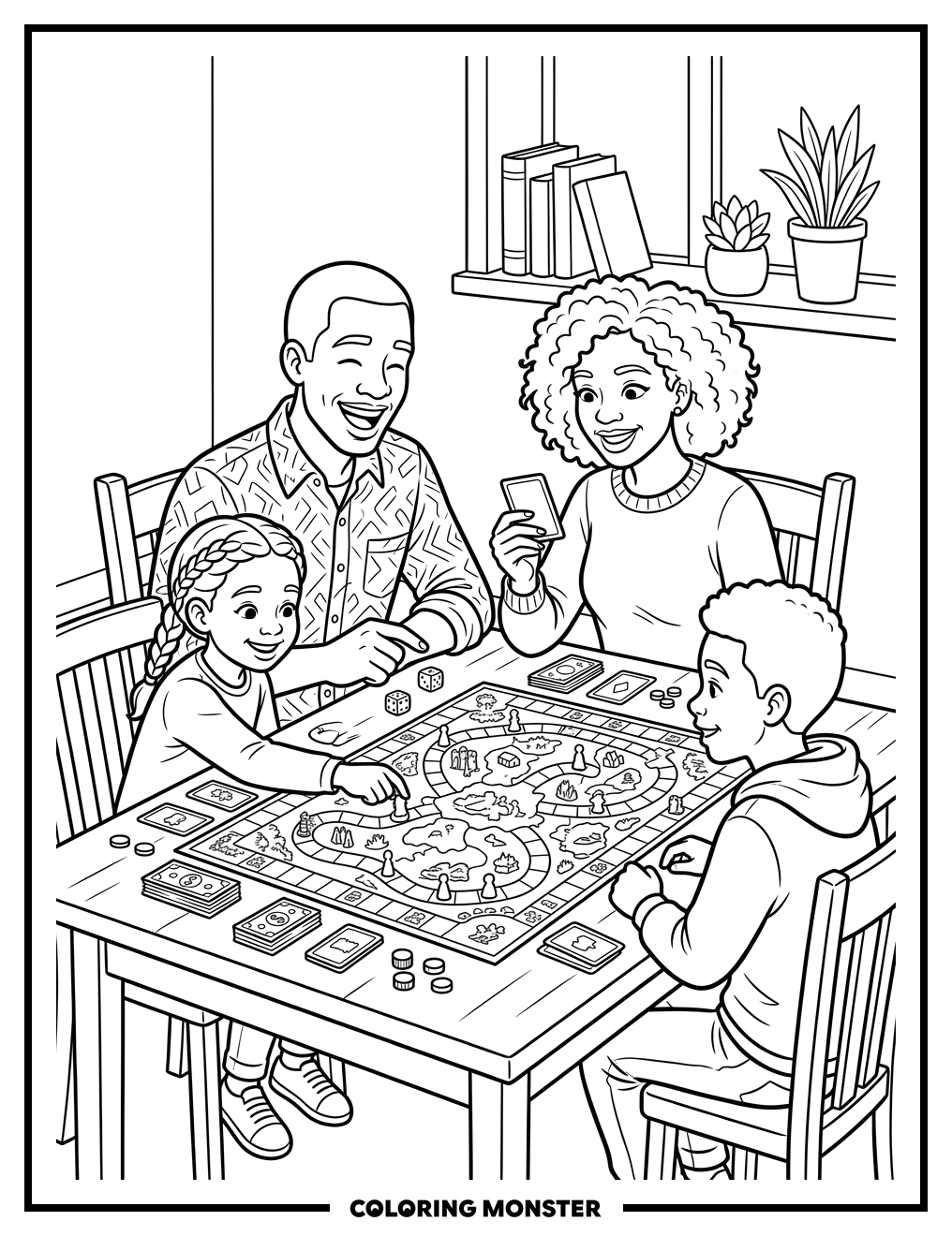 Family Playing Board Game Together Coloring Page