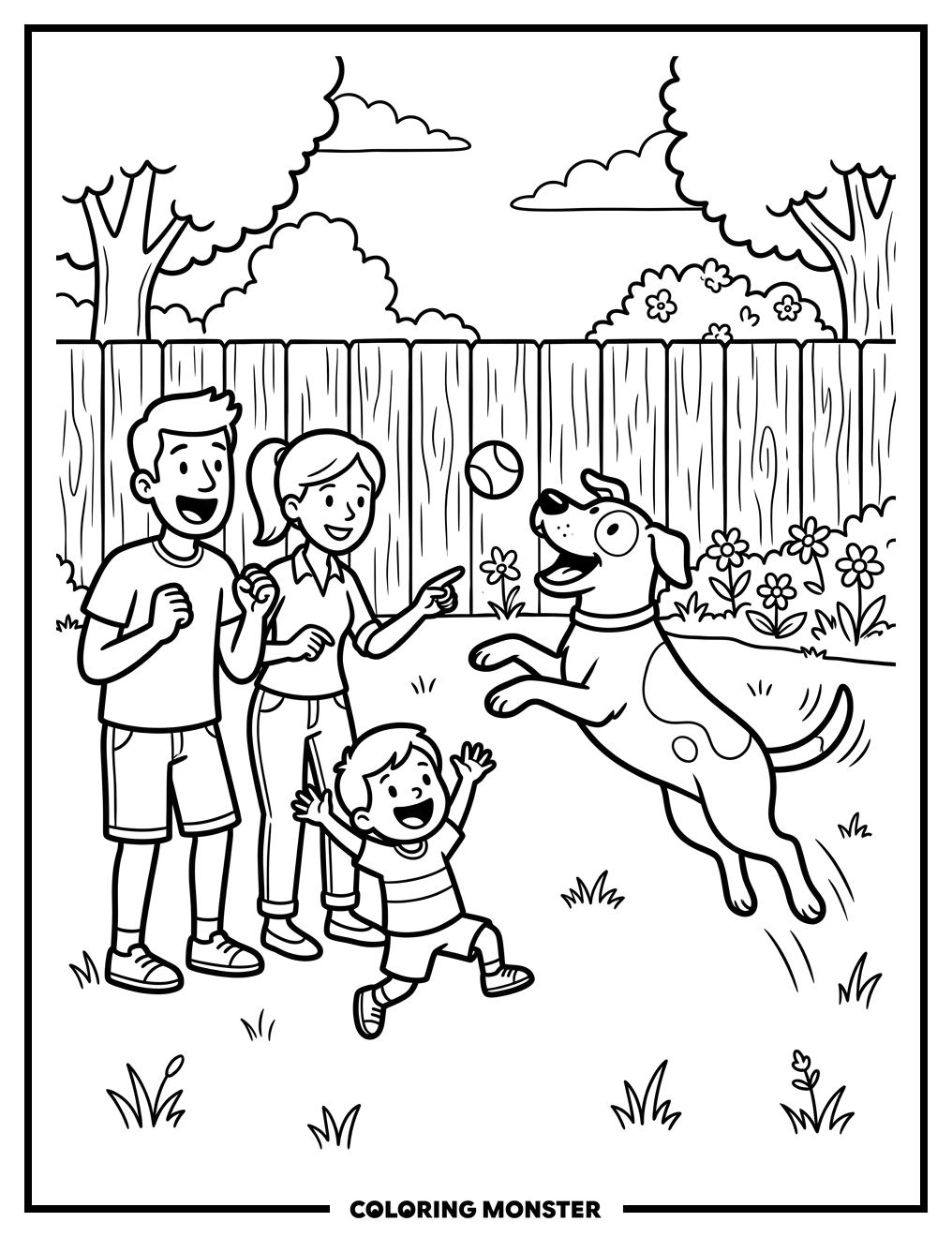 Family Playing Fetch With Dog Coloring Page