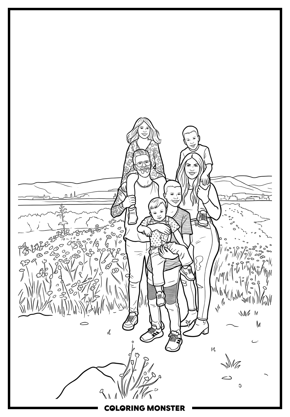 Family Poses Outdoors Coloring Page