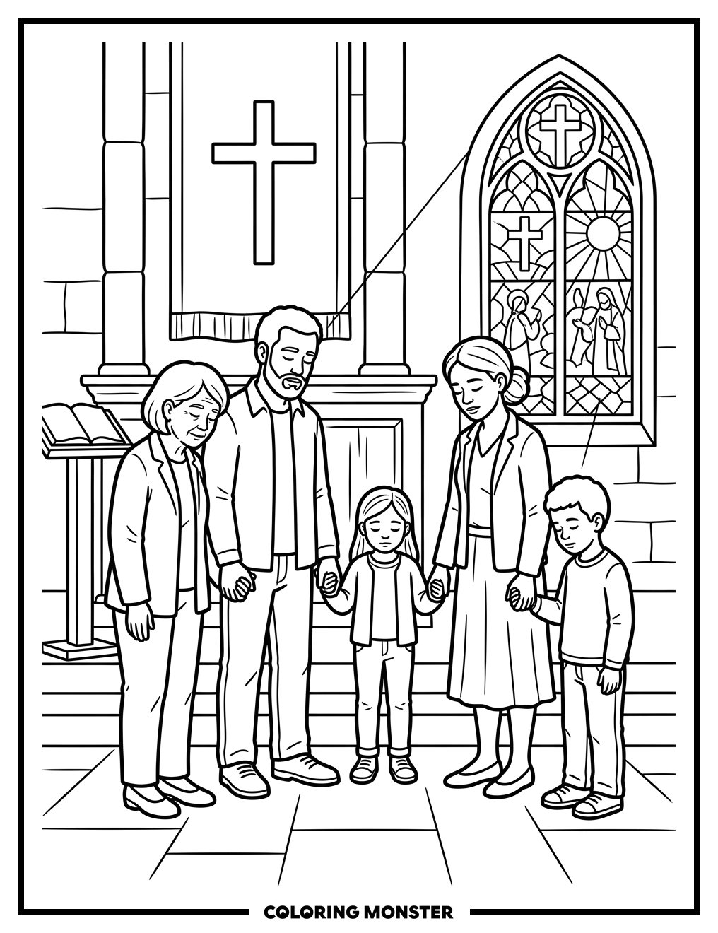 Family Praying At Church Altar Coloring Page