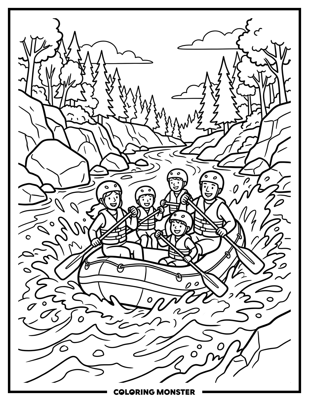 Family Rafting Down a Rushing River Coloring Page