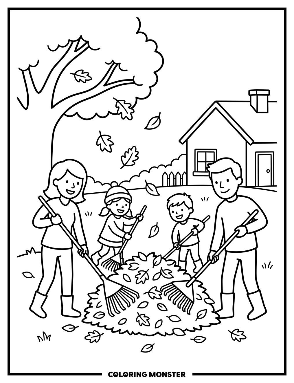 Family Raking Autumn Leaves Coloring Page