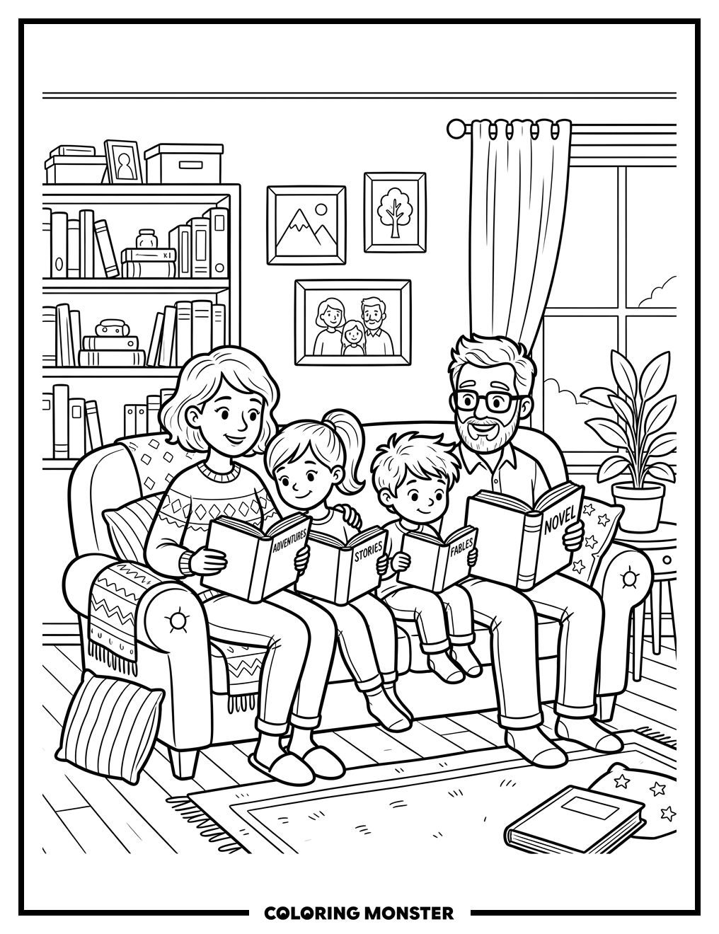 Family Reading Together On Sofa Coloring Page