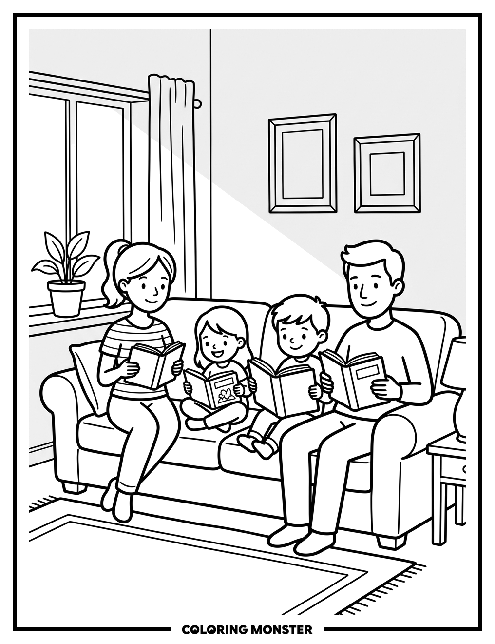 Family Reading Together On Sofa Coloring Page