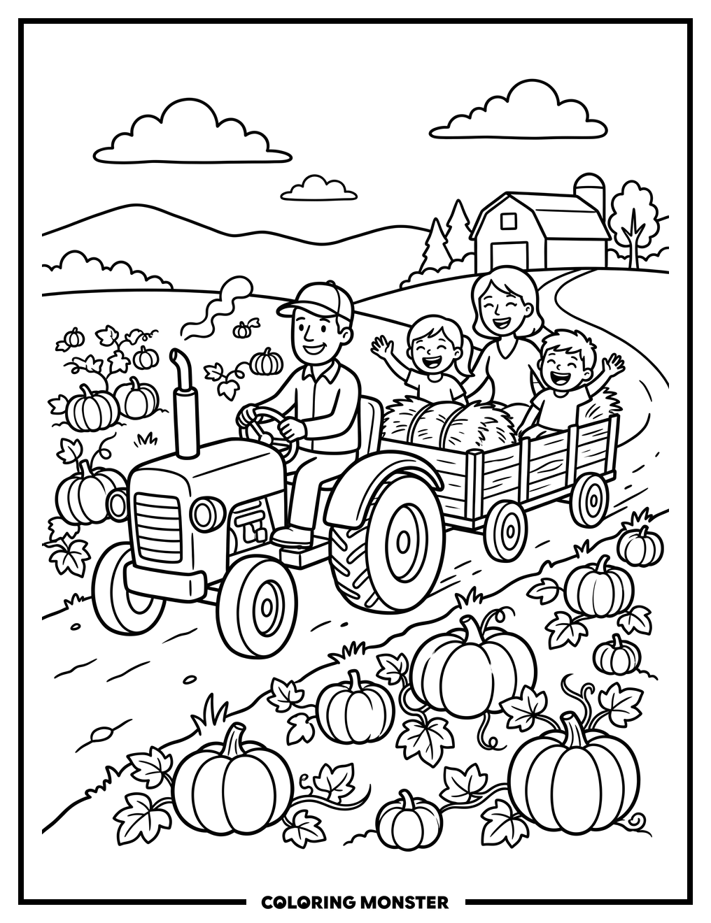 Family Riding Tractor Through Pumpkin Field Coloring Page
