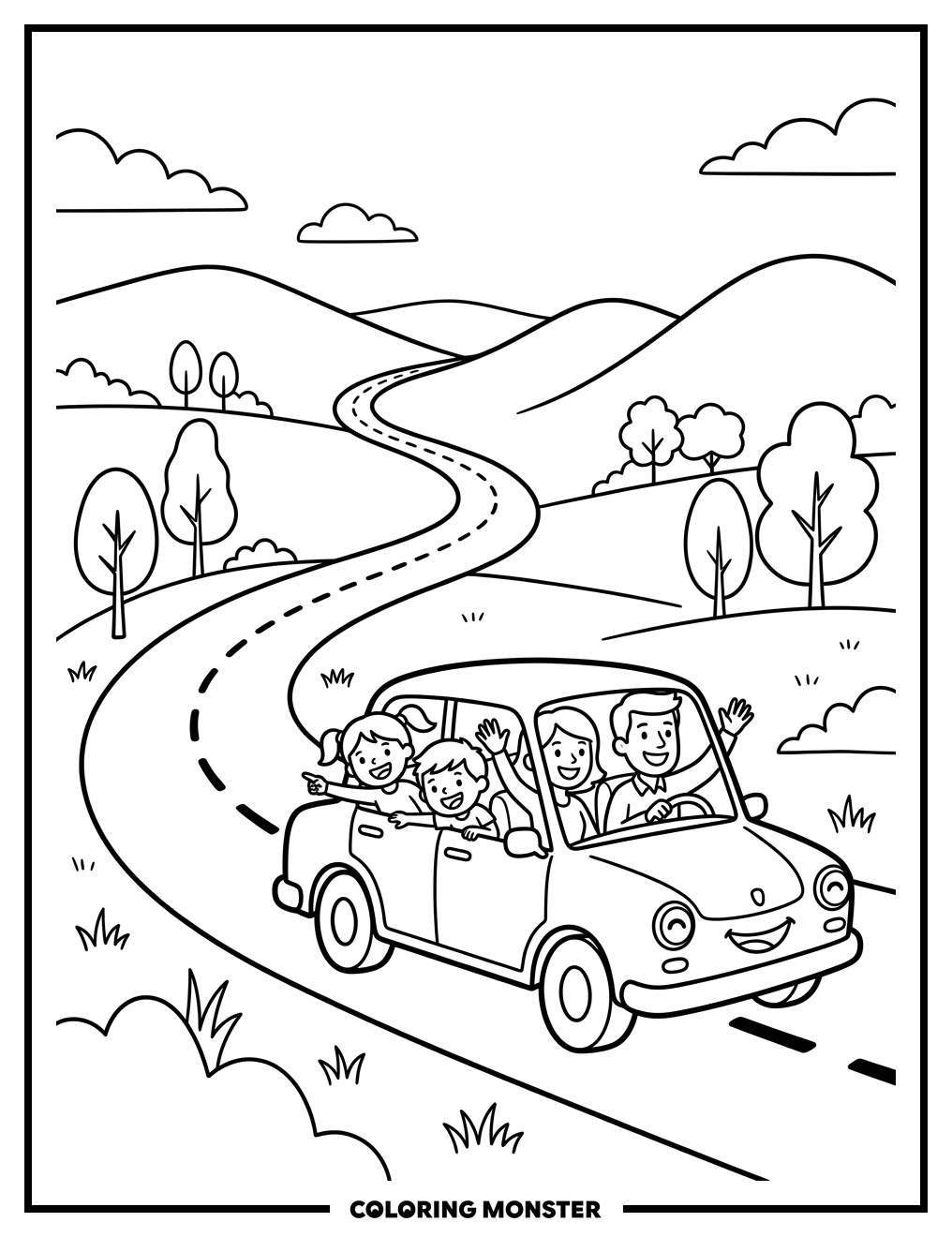 Family Road Trip Scene Coloring Page